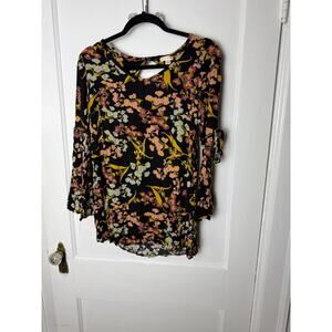 Xhilaration Tunic Top Blouse Women's XS Black Moody Floral Boho Peasant Ruffle